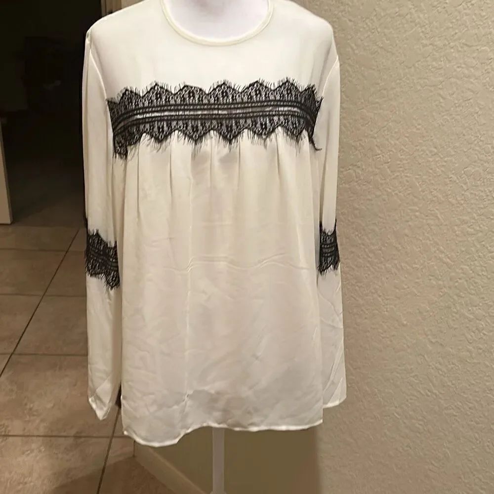 Twinset Women's XL Long Sleeve Lace Applique Blouse Cream Black Feminine Office